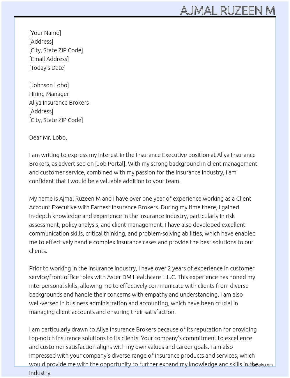 insurance executive At aliya insurance brokers Cover Letter