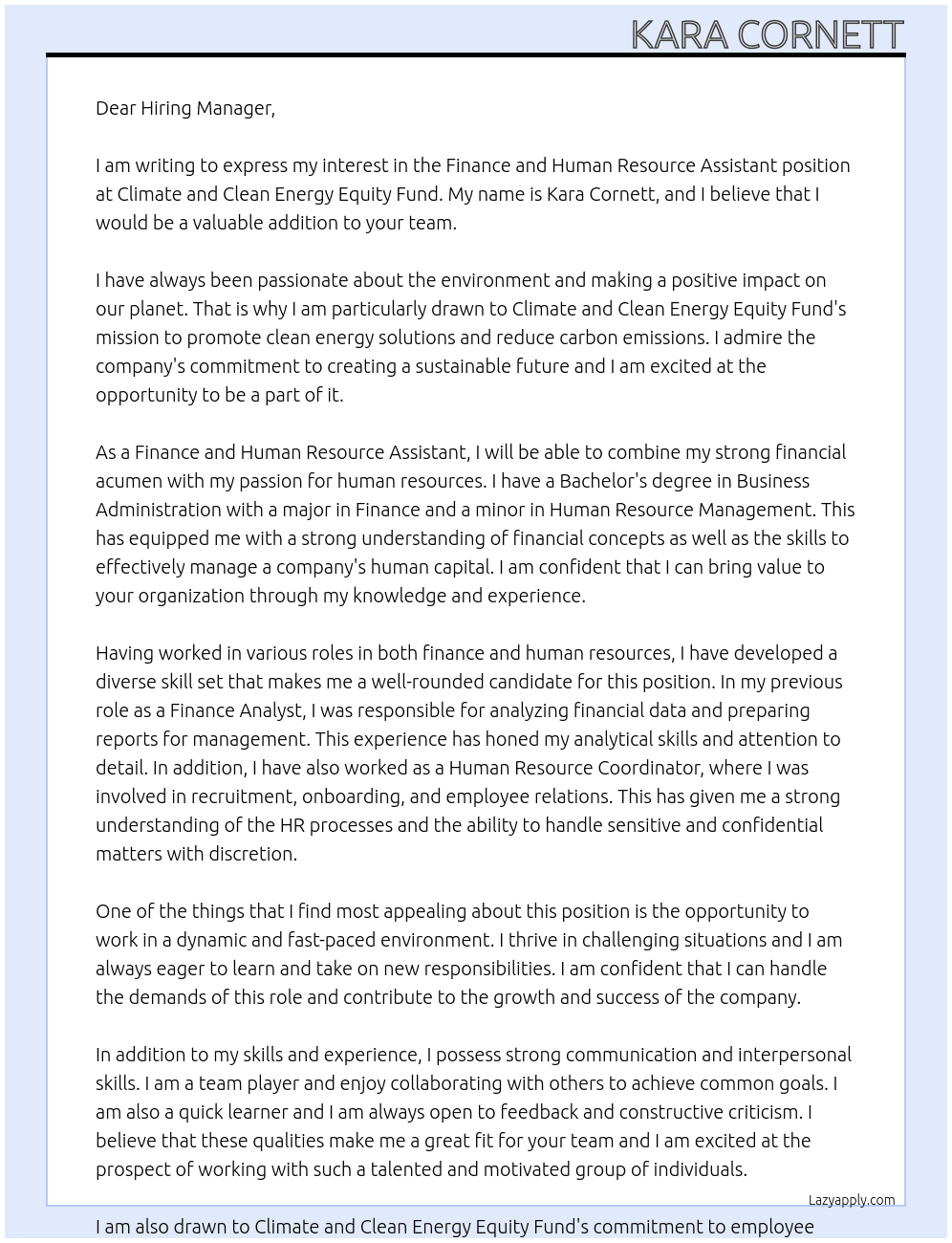 Finance and Human Resource Assistant At Climate and Clean Energy Equity Fund Cover Letter