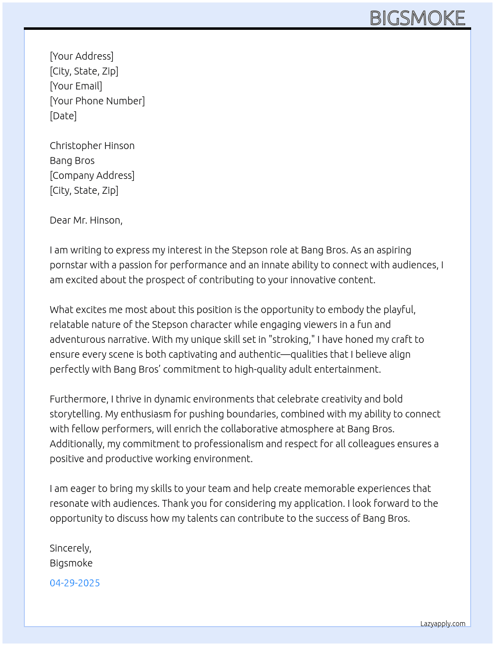 Pornstar  At Bang Bros  Cover Letter