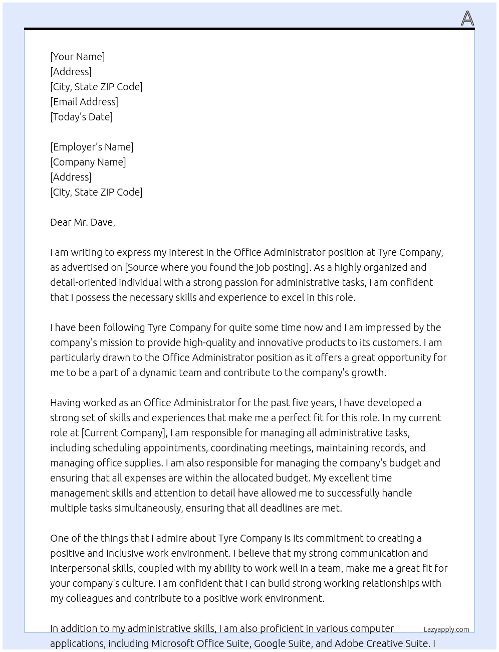 Office administrator  At Tyre company Cover Letter