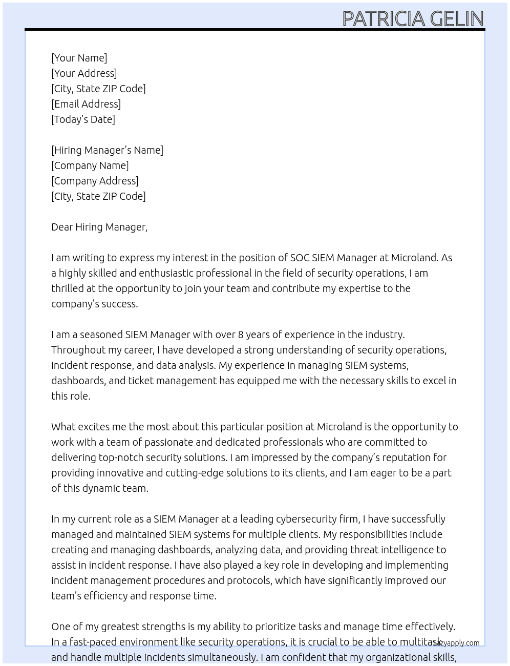 SOC SIEM Manager At Microland Cover Letter