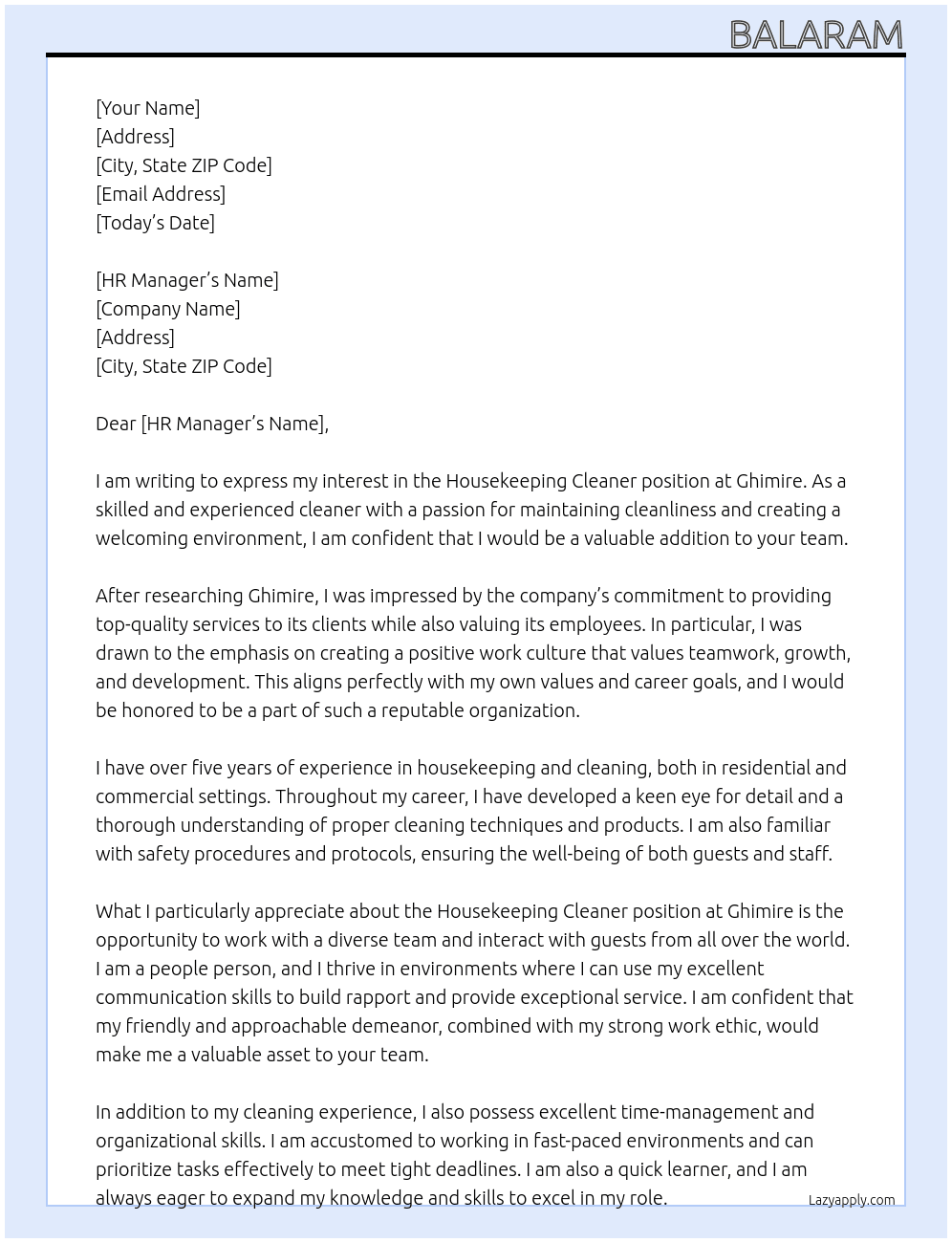 Housekeeping cleaner At Ghimire  Cover Letter