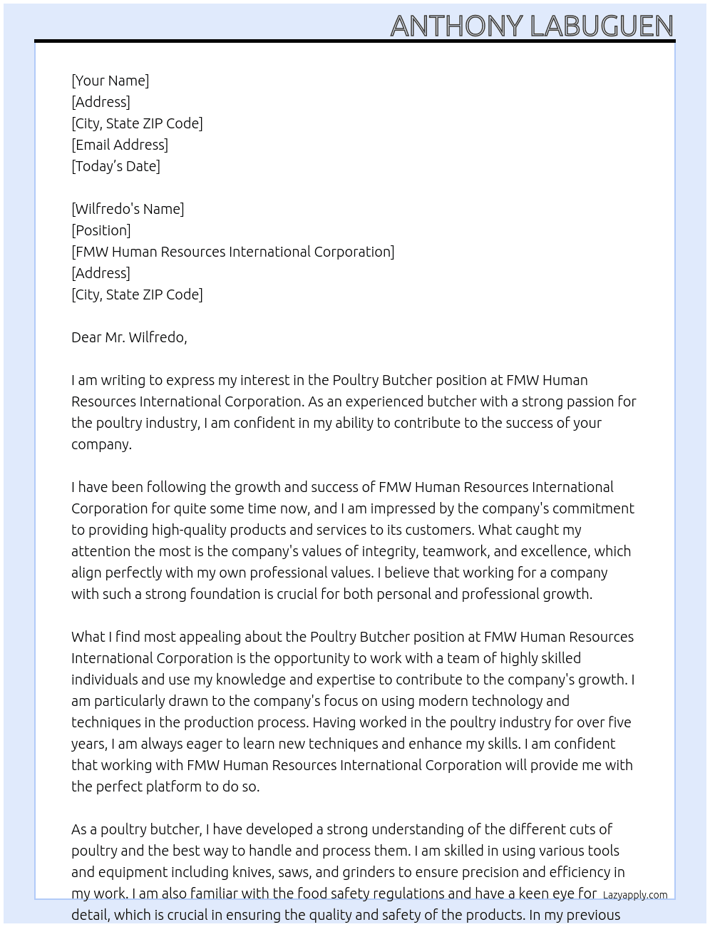 Poultry Butcher At FMW Human Resources International Corporation Cover Letter