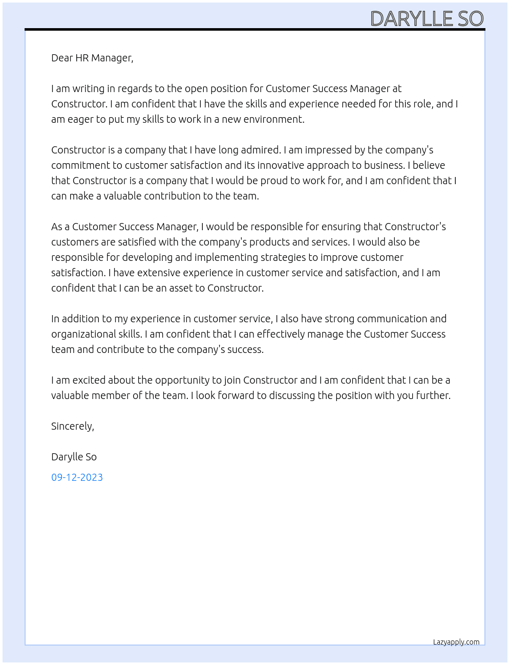 Customer Success Manager At Constructor Cover Letter