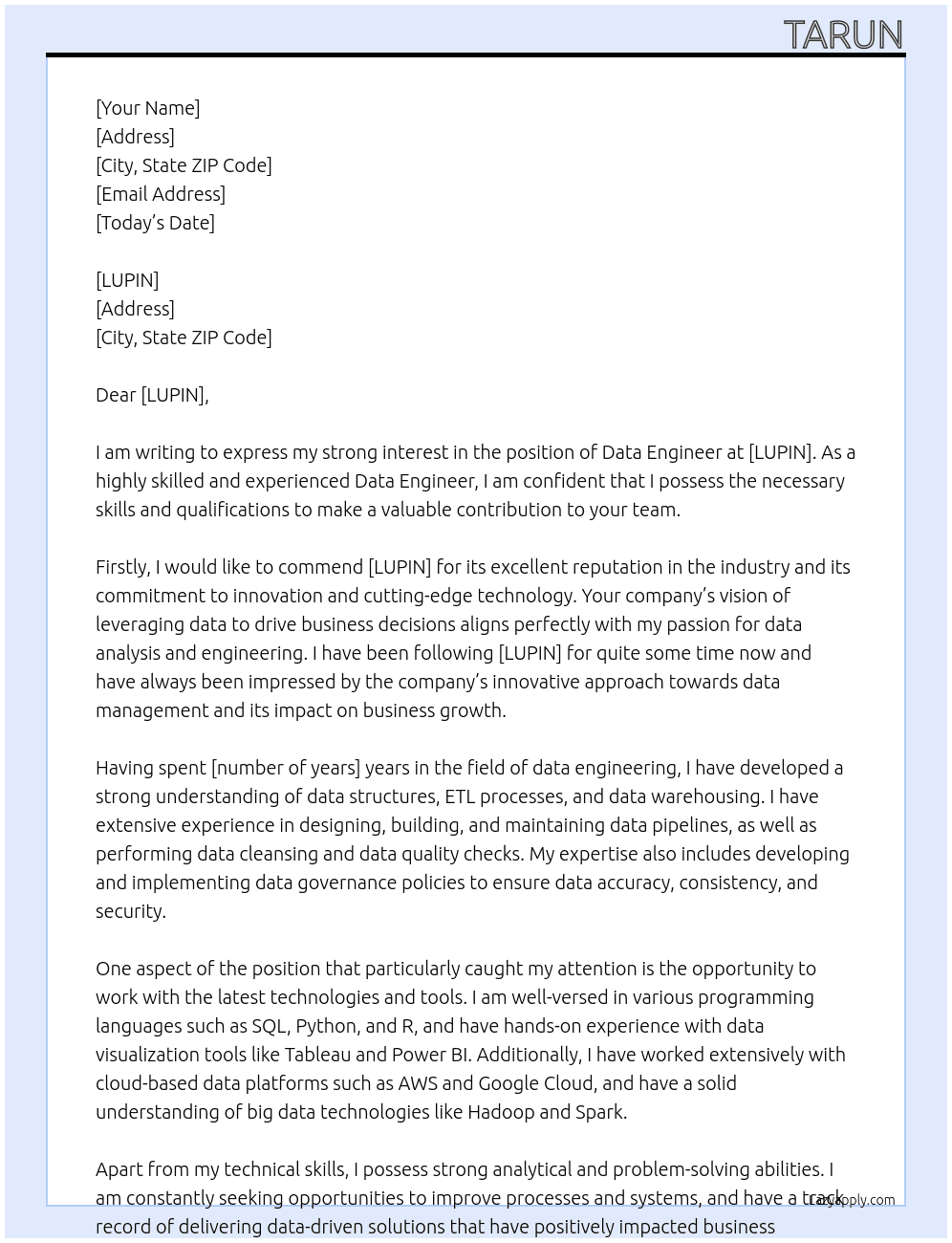 DATA ENGINNER At LUPIN Cover Letter
