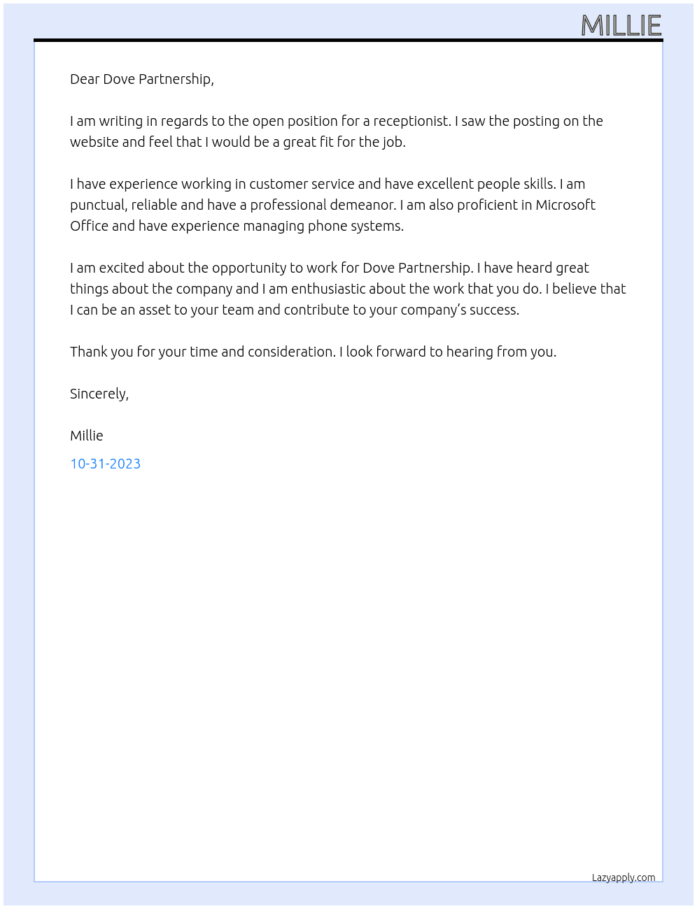 Receptionist  At Dove Partnership  Cover Letter