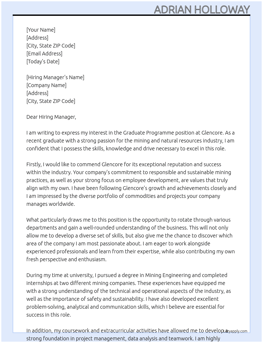 Graduate Programme At Glencore Cover Letter