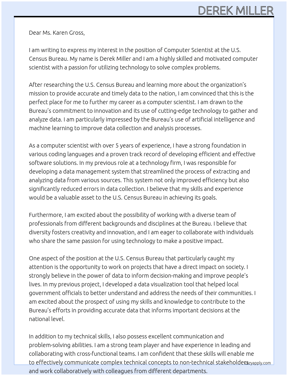 computer scientist At U.S. Census Bureau Cover Letter
