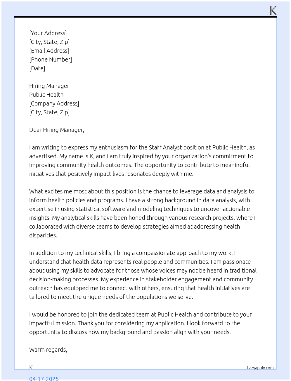 staff analyst, health At Public Health Cover Letter