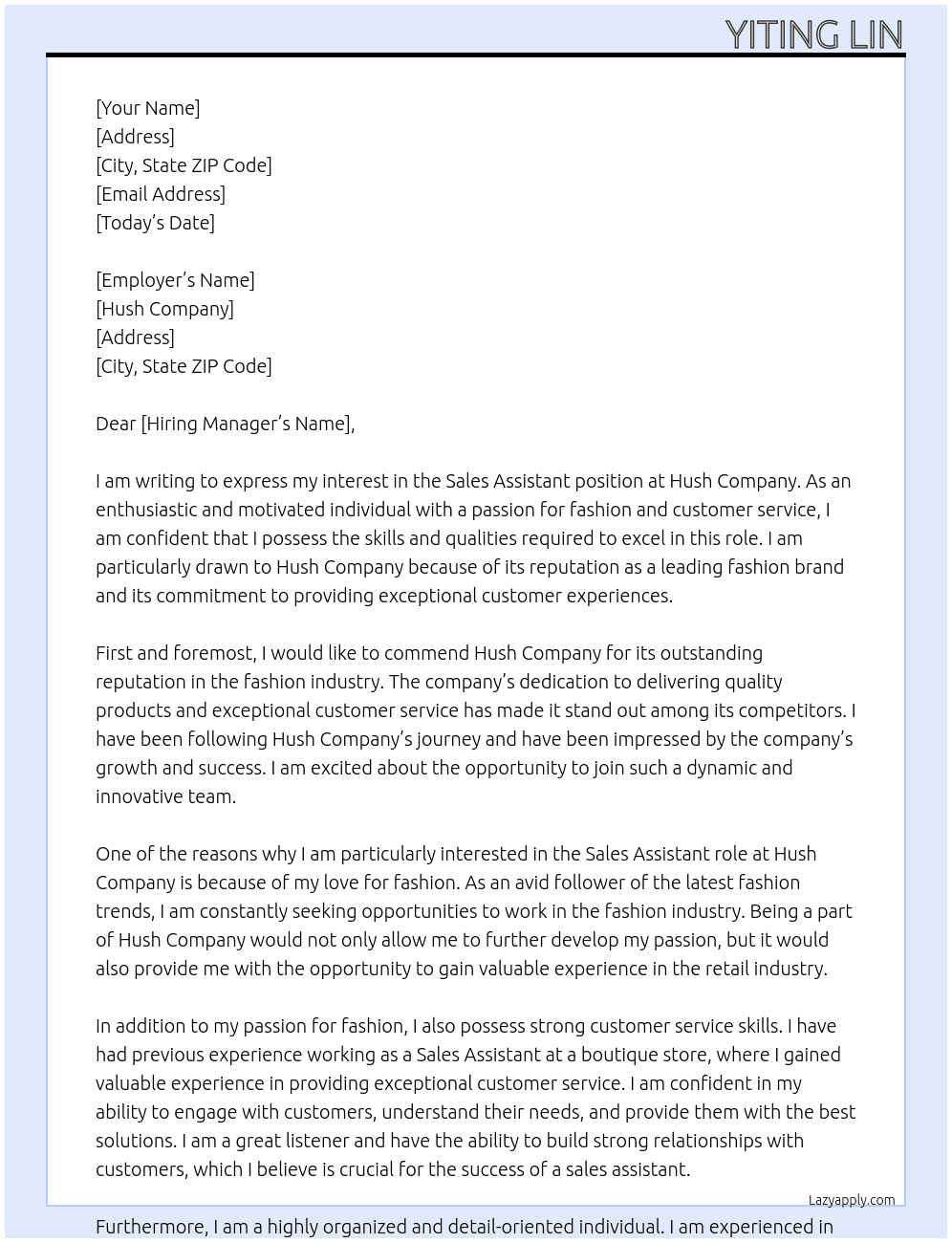 sale assistant At hush Cover Letter