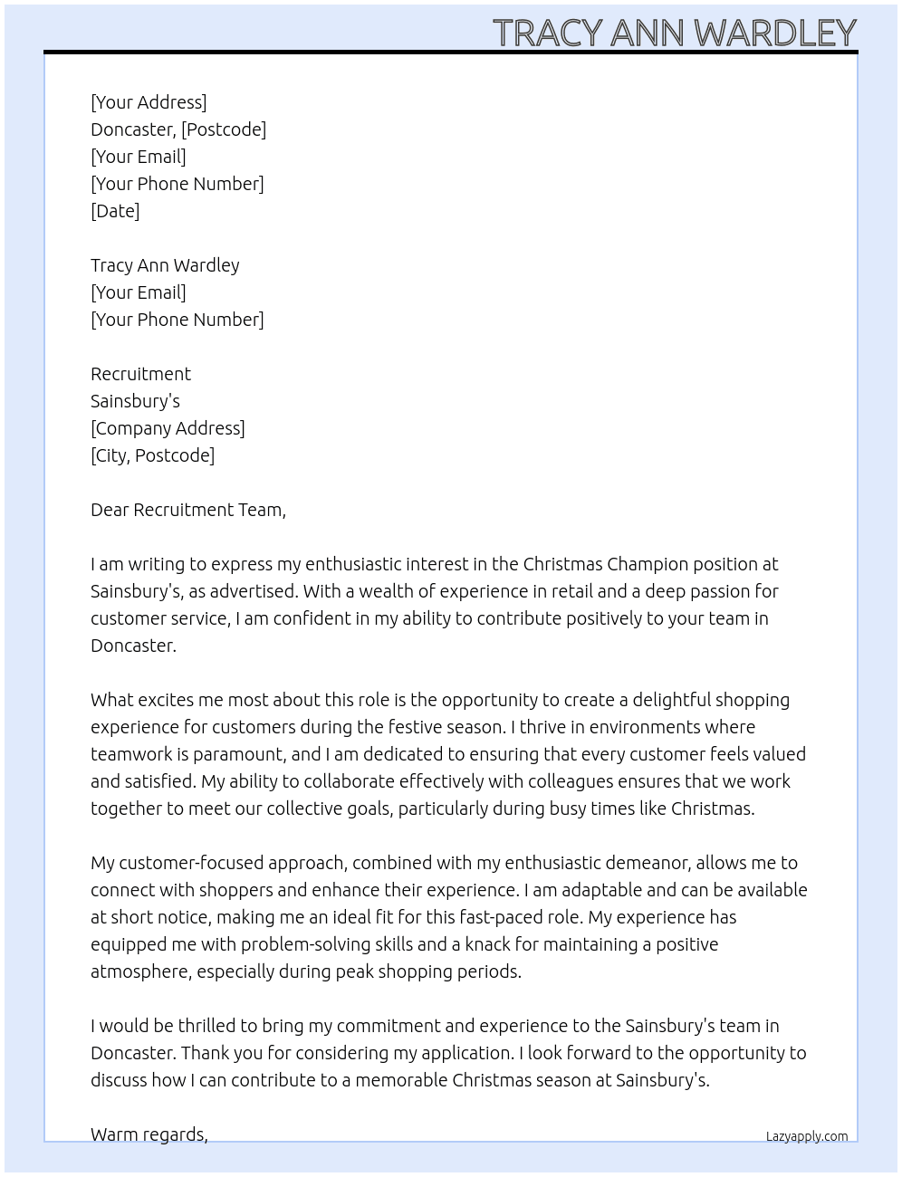 Christmas Champion At Sainsbury's Cover Letter