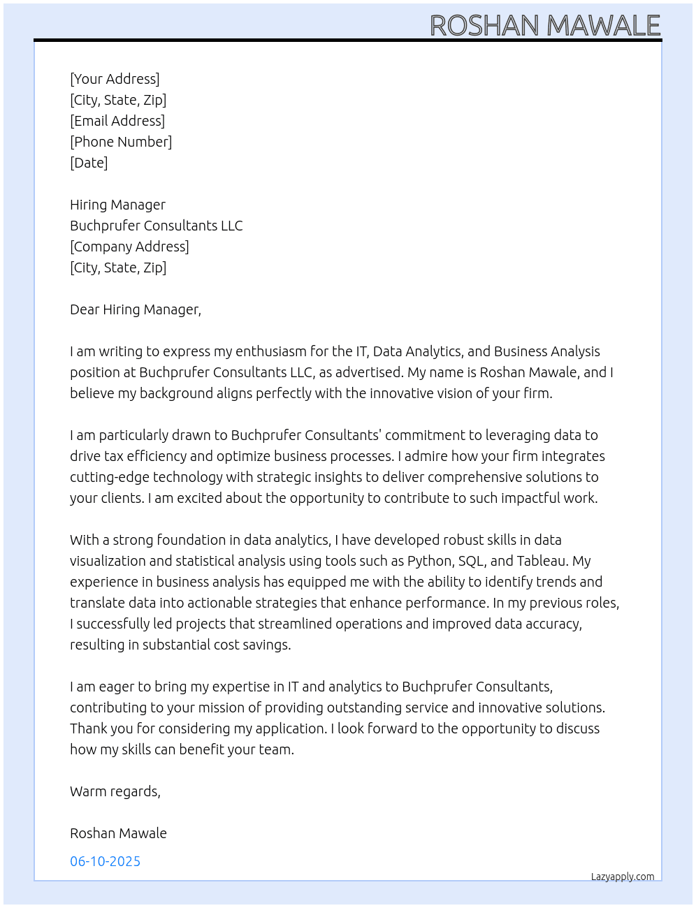 IT, Data Analytic,  Business Analysis At Buchprufer Consultants LLC Cover Letter