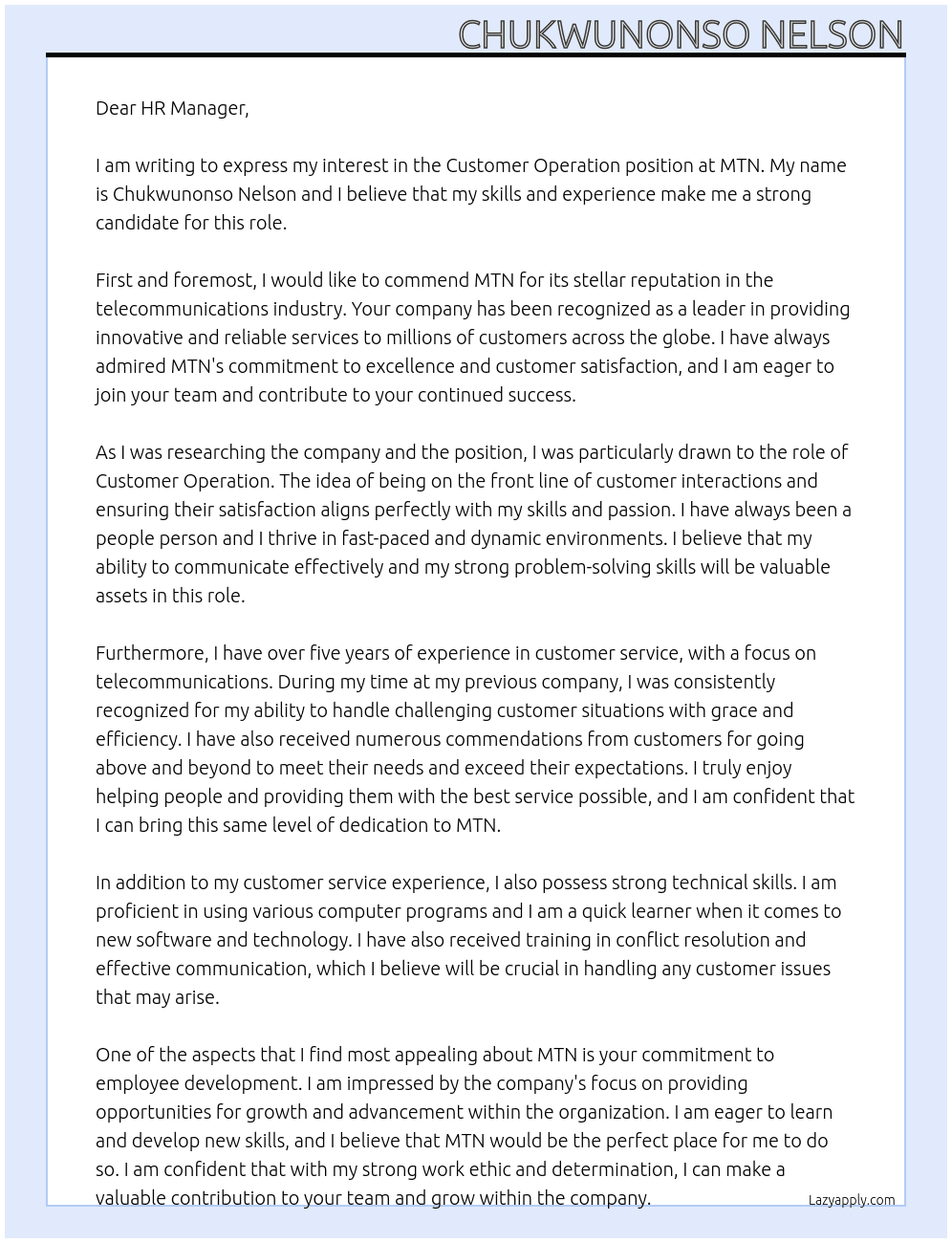 Customer operation  At Mtn Cover Letter