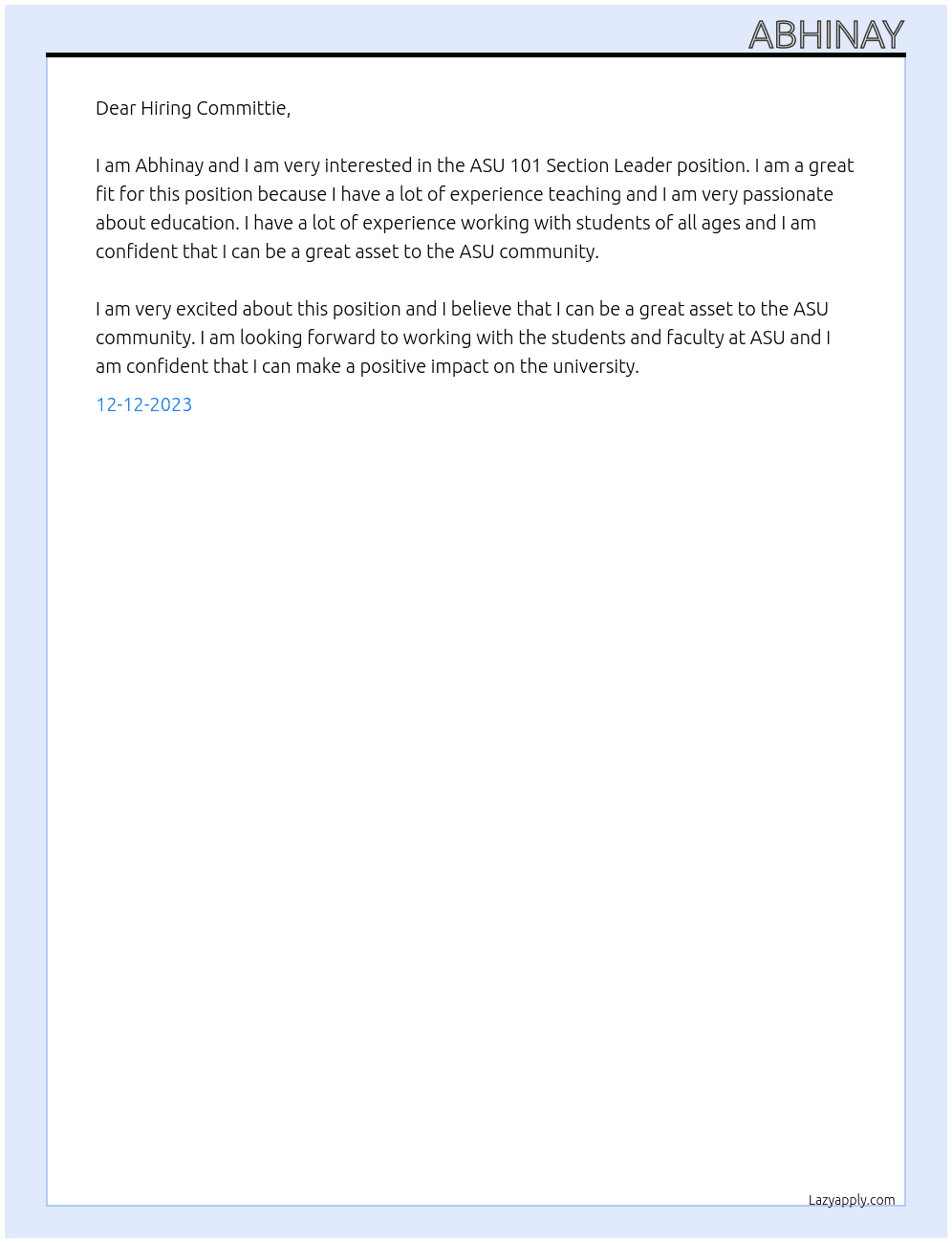 ASU 101 Section Leader At ASU Cover Letter