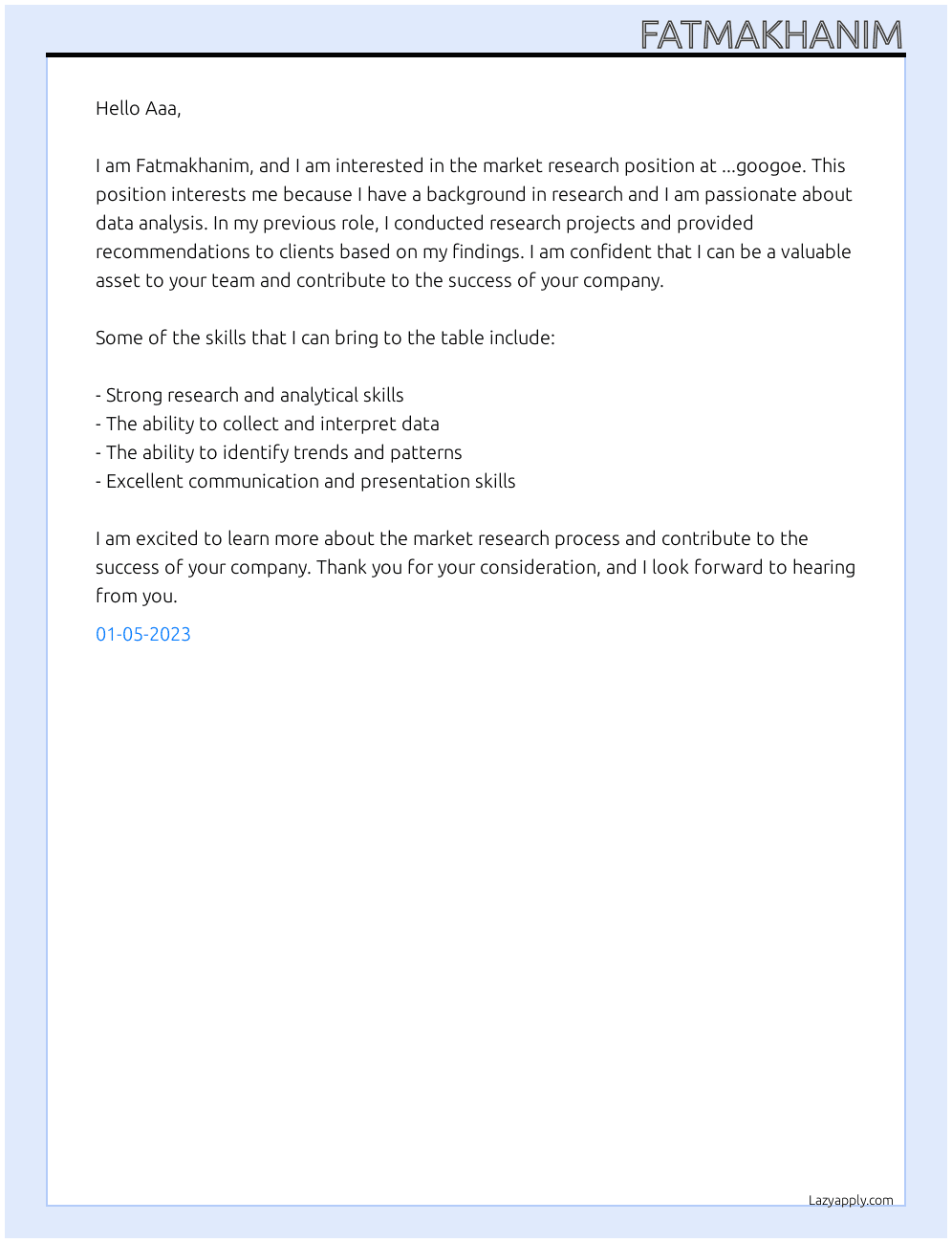 Market research  At ...googoe Cover Letter