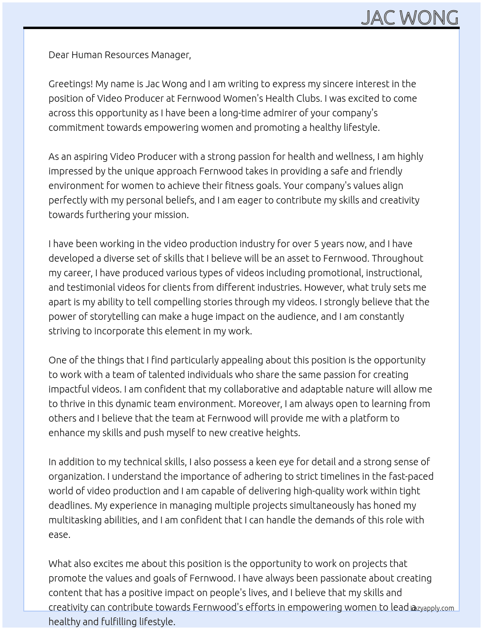 Video Producer At Fernwood Womens Health Clubs Cover Letter
