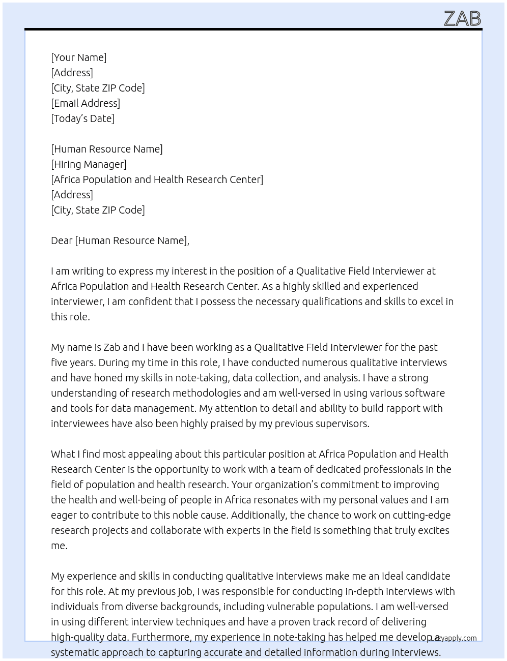 Qualitative Field Interviewer At Africa population and Health Research Center Cover Letter