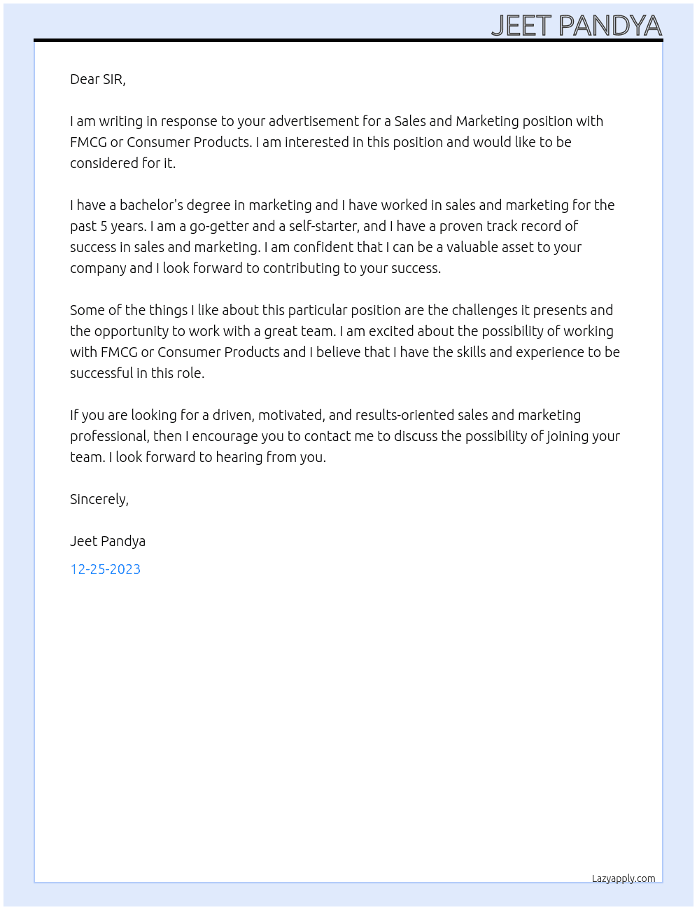 SALES AND MARKETING At FMCG OR CONSUMER PRODUCTS Cover Letter
