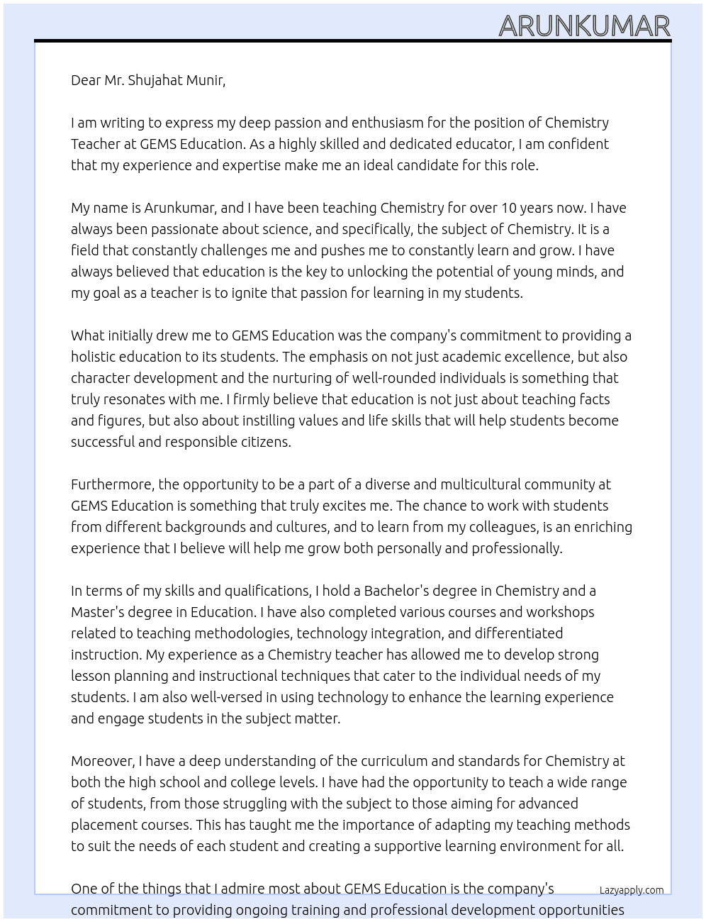 Chemistry Teacher At GEMS EDUCATION Cover Letter