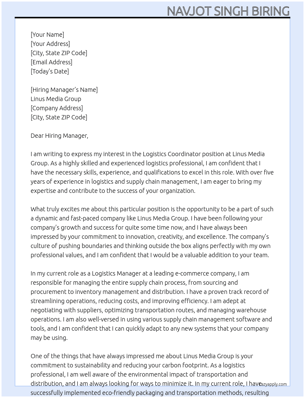 Logistics coordinator  At Linus Media Group  Cover Letter