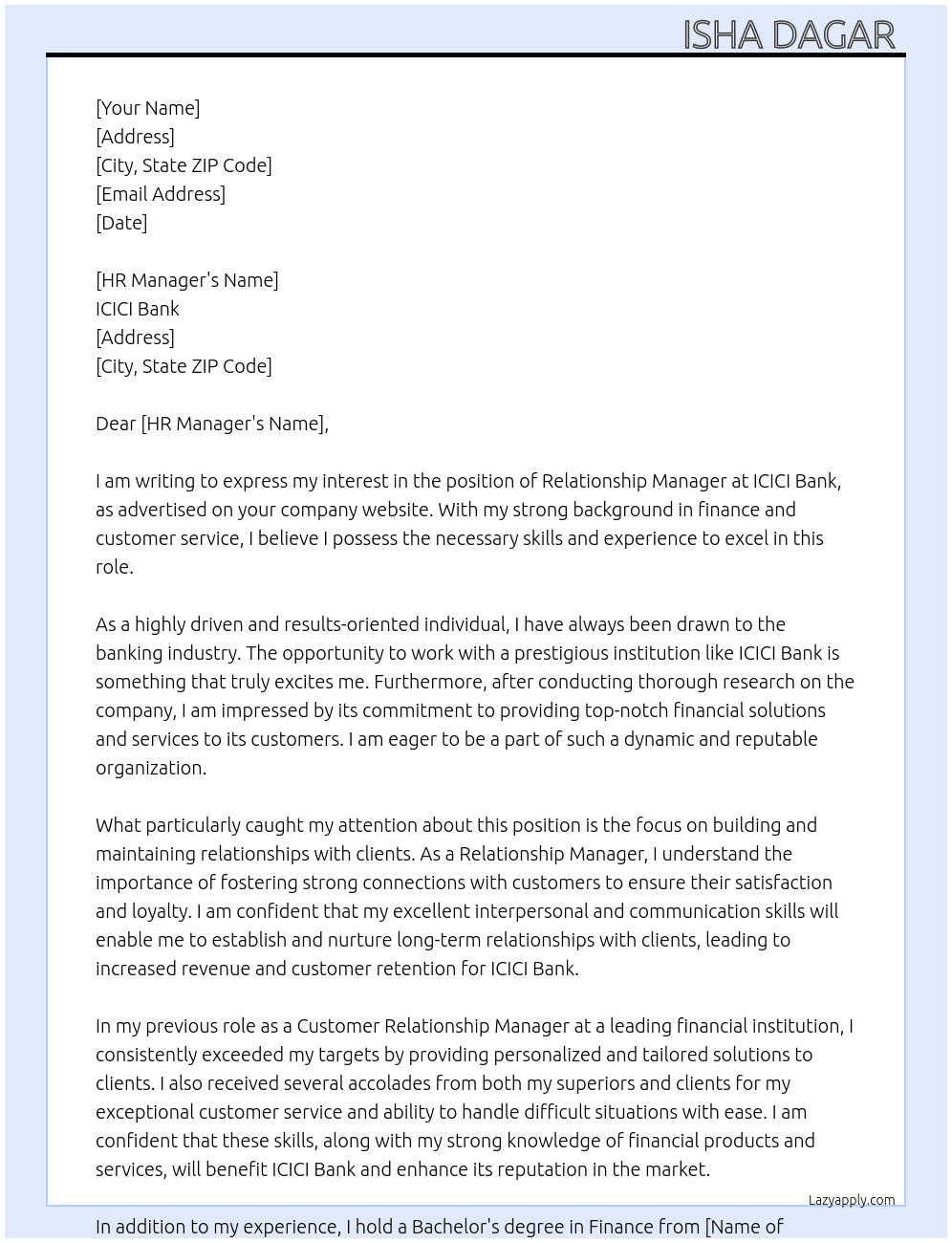 Relationship manager  At ICICI Bank  Cover Letter