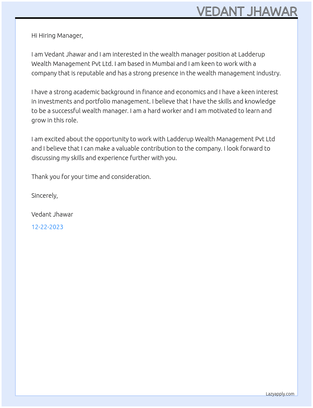 wealth manager At Ladderup Wealth Management Pvt Ltd Cover Letter