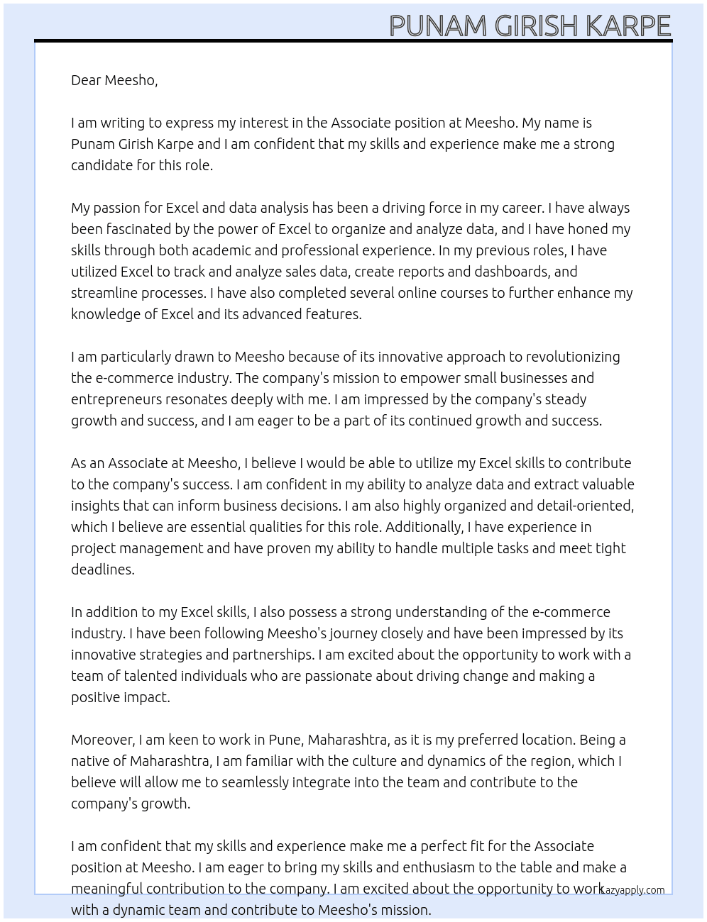 Associate At Meesho Cover Letter