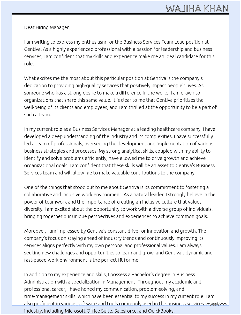 Business Services Team Lead At Gentiva Cover Letter