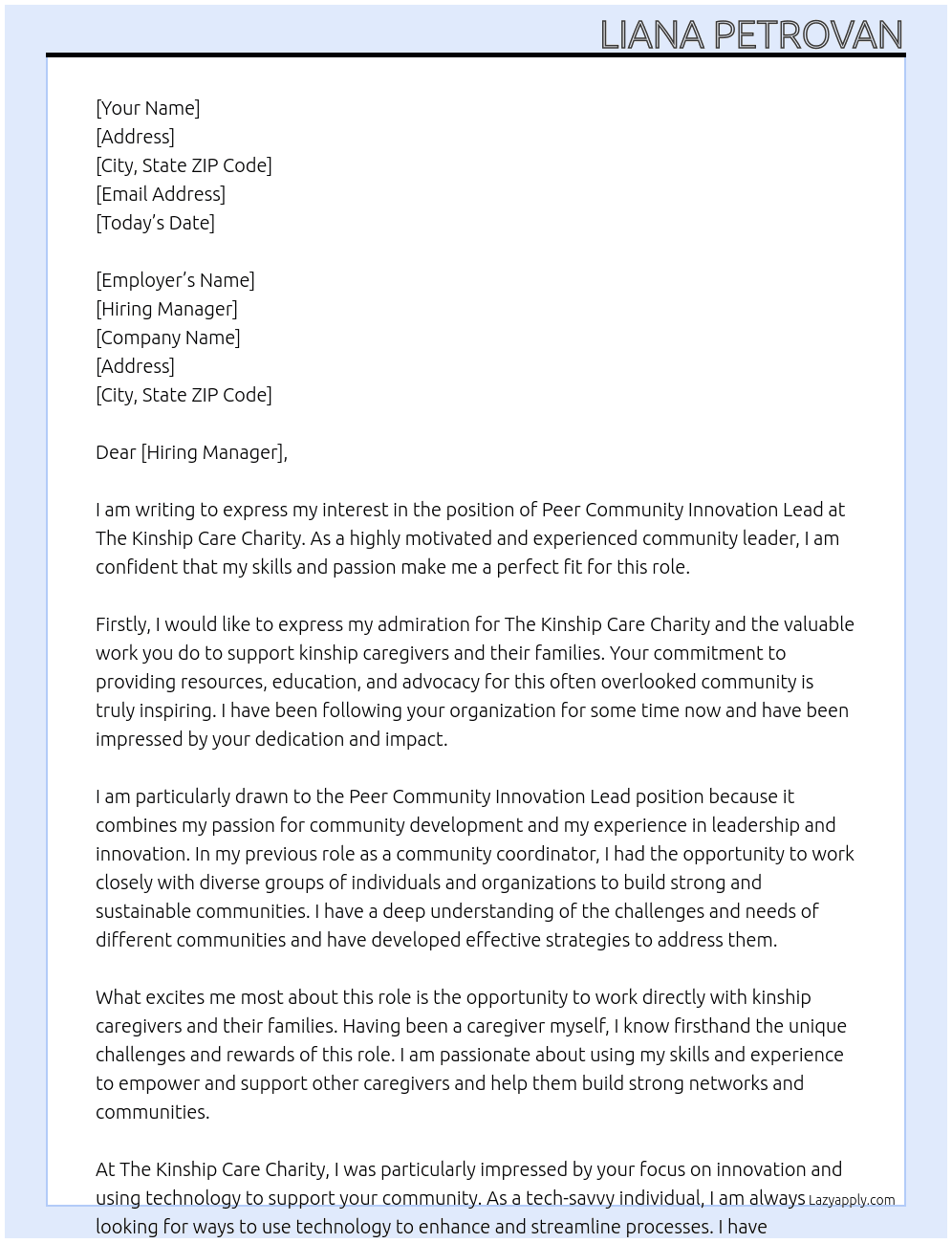 Peer Community Innovation Lead At The Kinship Care Charity Cover Letter