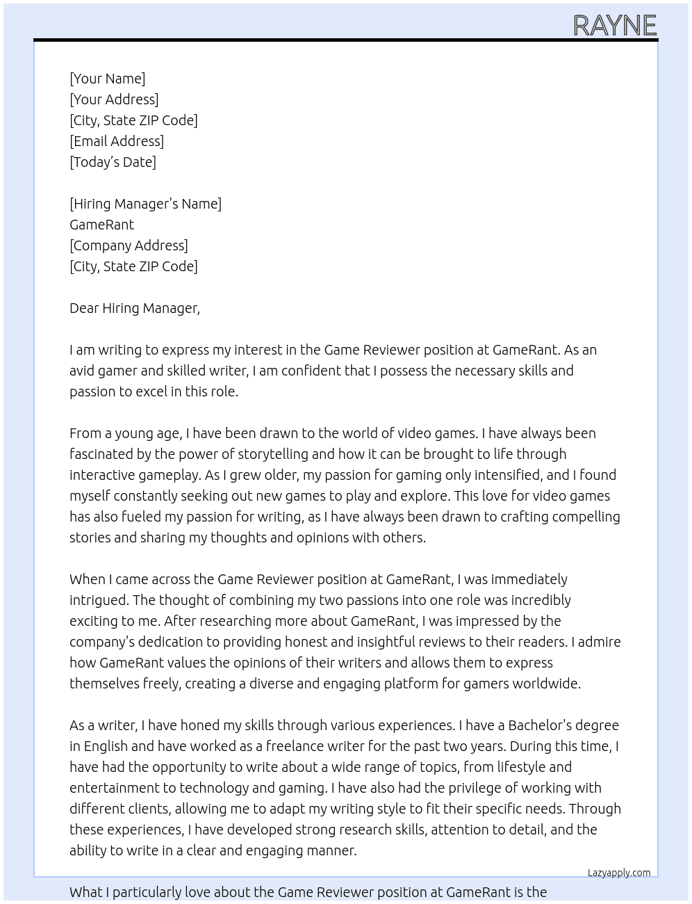 Game Reviewer At GameRant Cover Letter