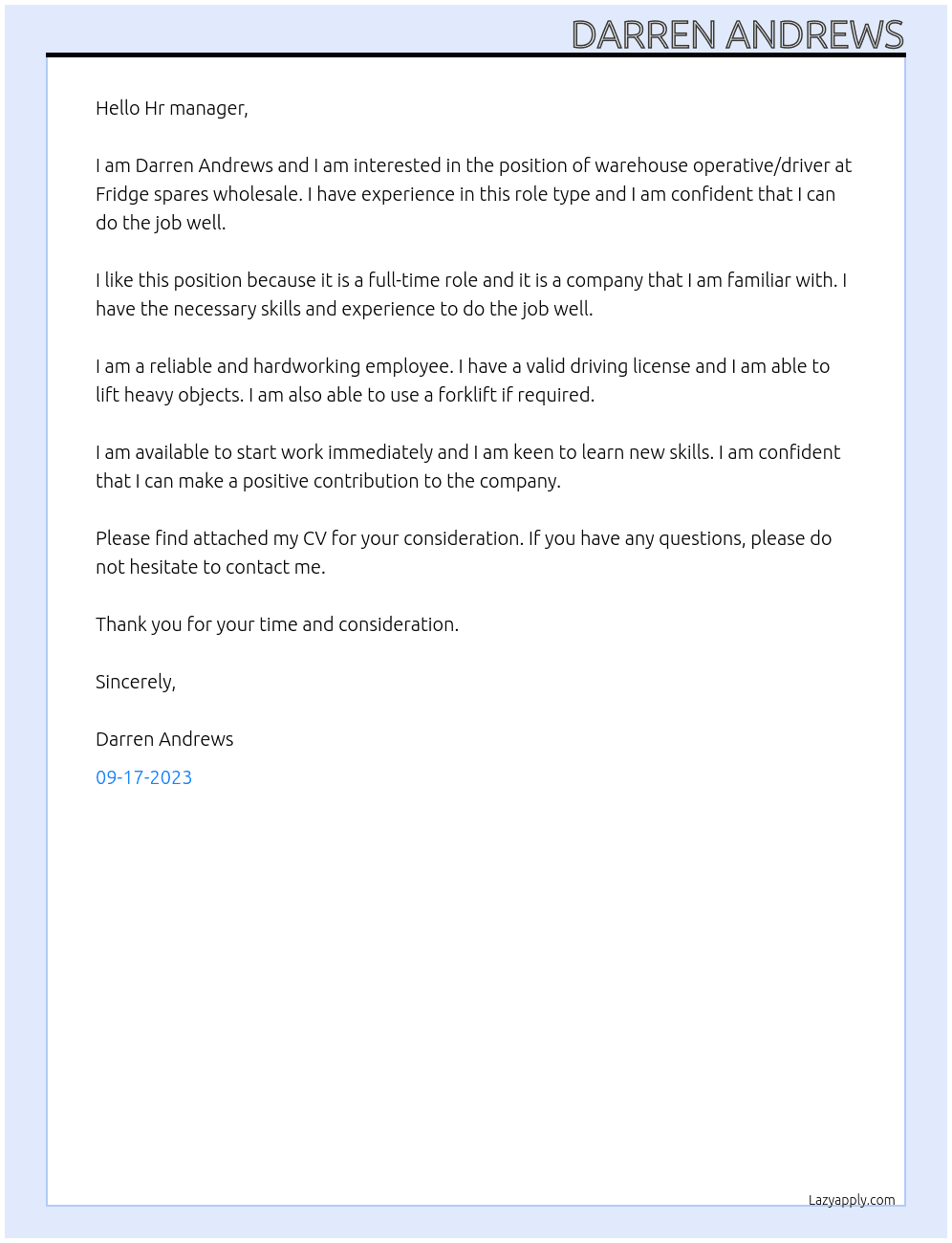 Warehouse operative/driver At Fridge spares wholesale Cover Letter