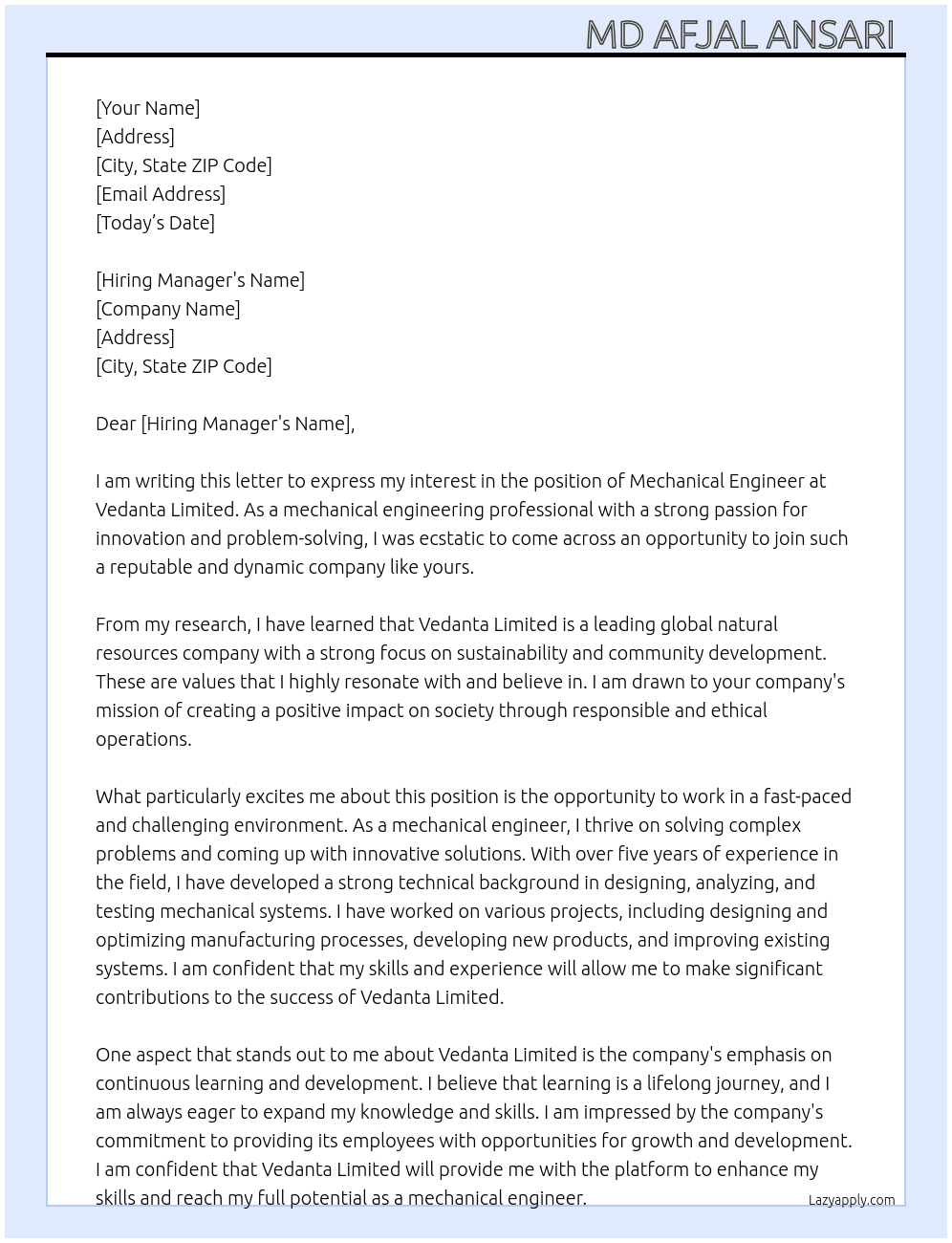 Mechanical Engineer  At Vedanta Limited  Cover Letter