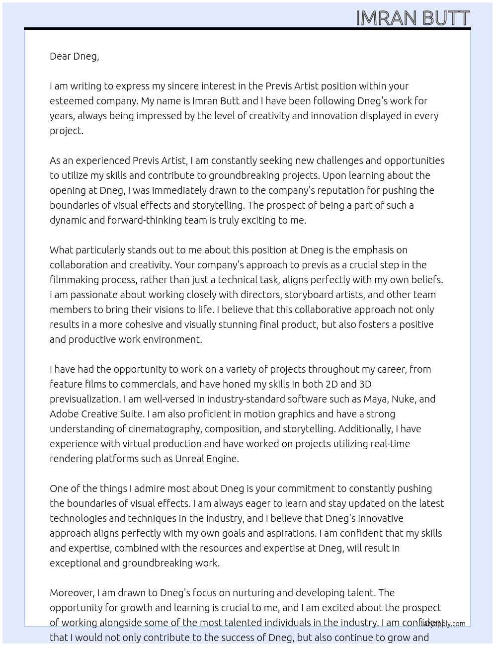 Previs Artist At Dneg Cover Letter