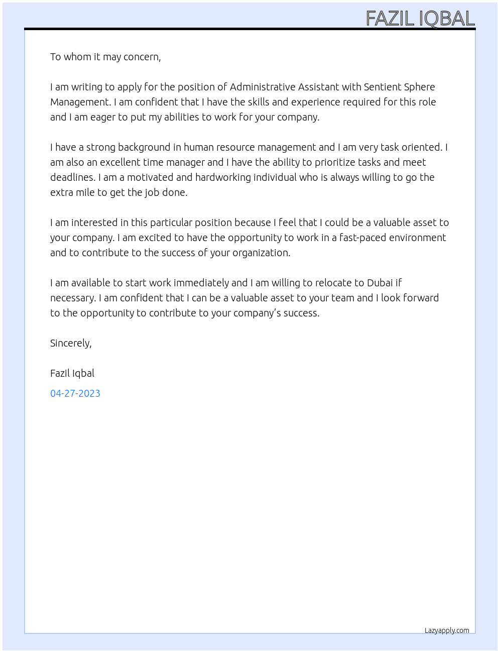Administrative Assistant At Sentient Sphere Management  Cover Letter