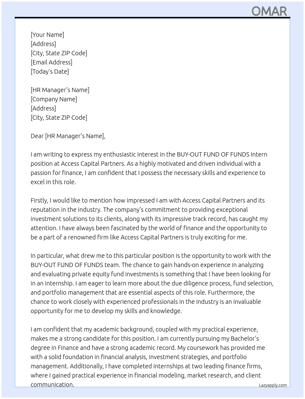 BUY-OUT FUND OF FUNDS Intern At Access Capital Partners  Cover Letter