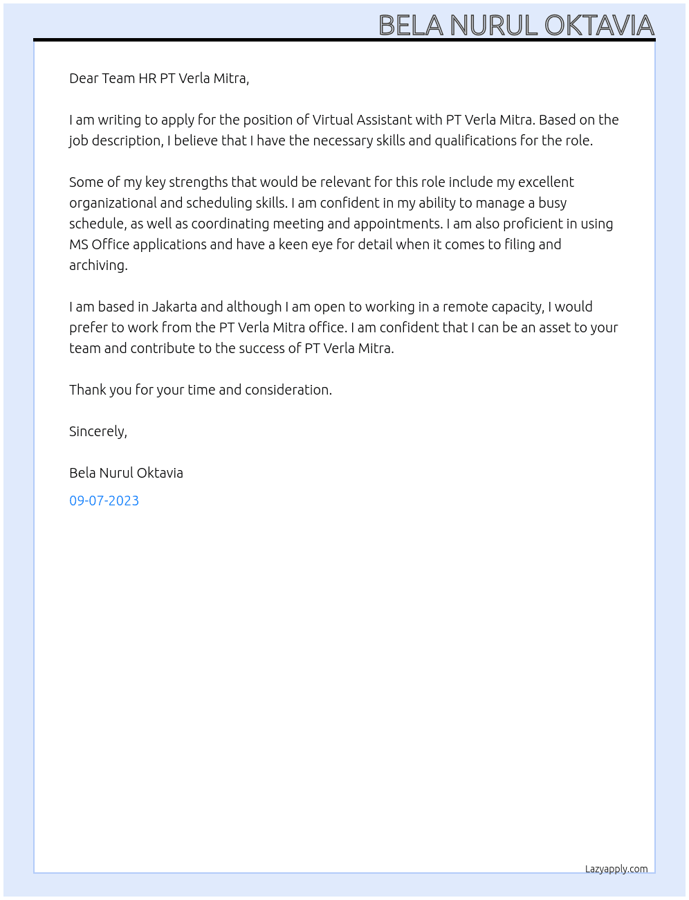 Virtual Assisten At PT Verla Mitra Cover Letter