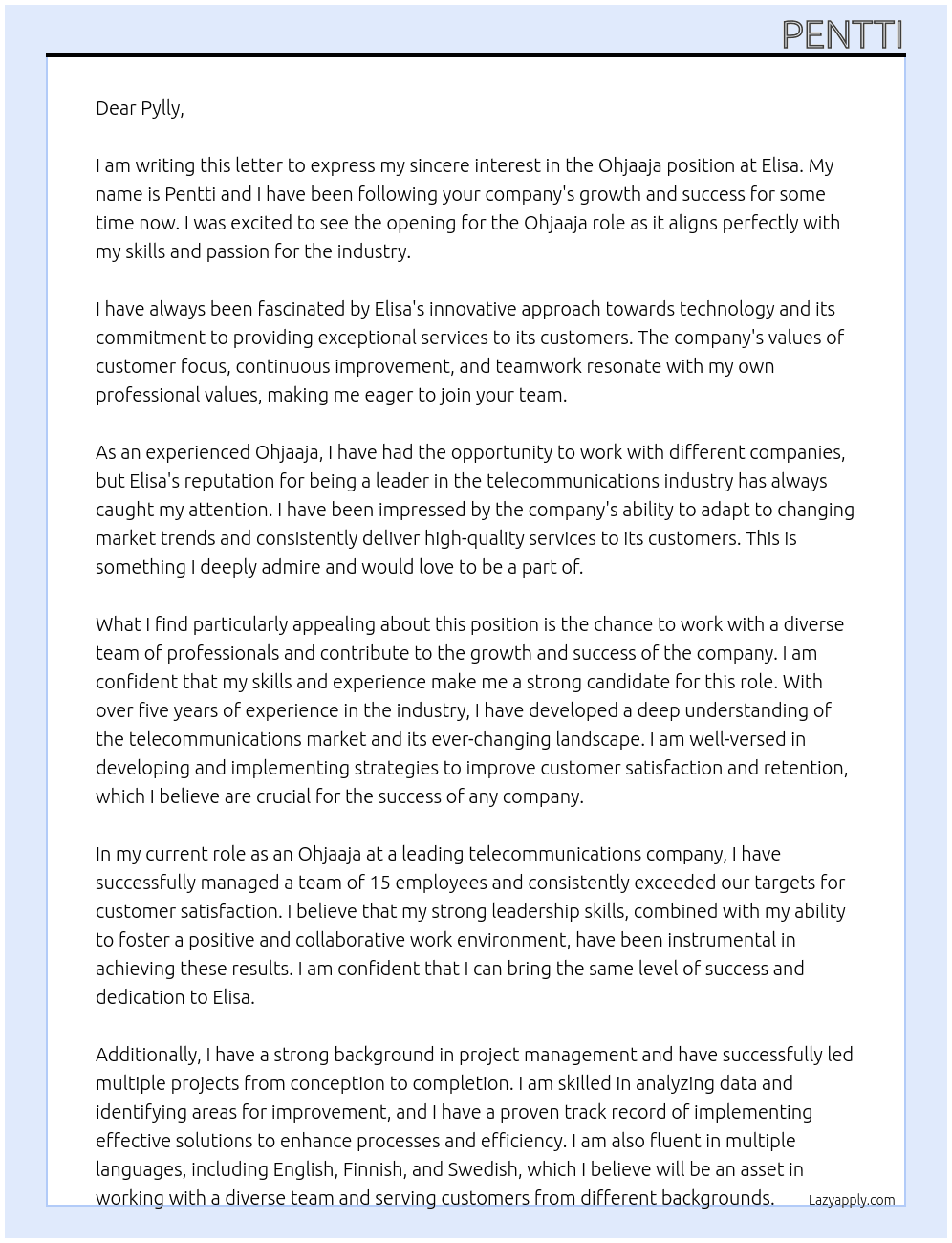 Ohjaaja At Elisa Cover Letter
