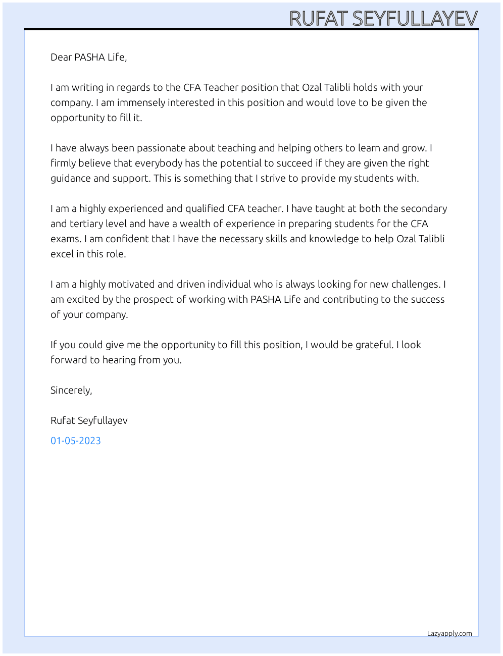 CFA Teacher At PASHA Life Cover Letter