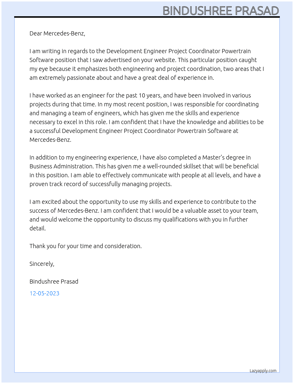 Development Engineer Project Coordinator Powertrain Software At Mercedes-Benz Cover Letter