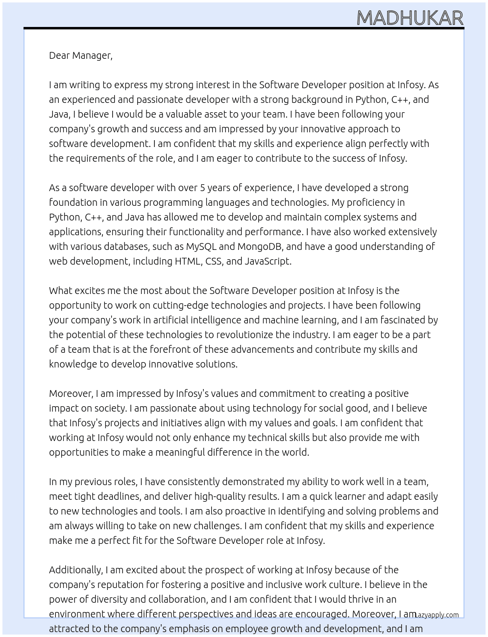 Software developer At Infosy Cover Letter