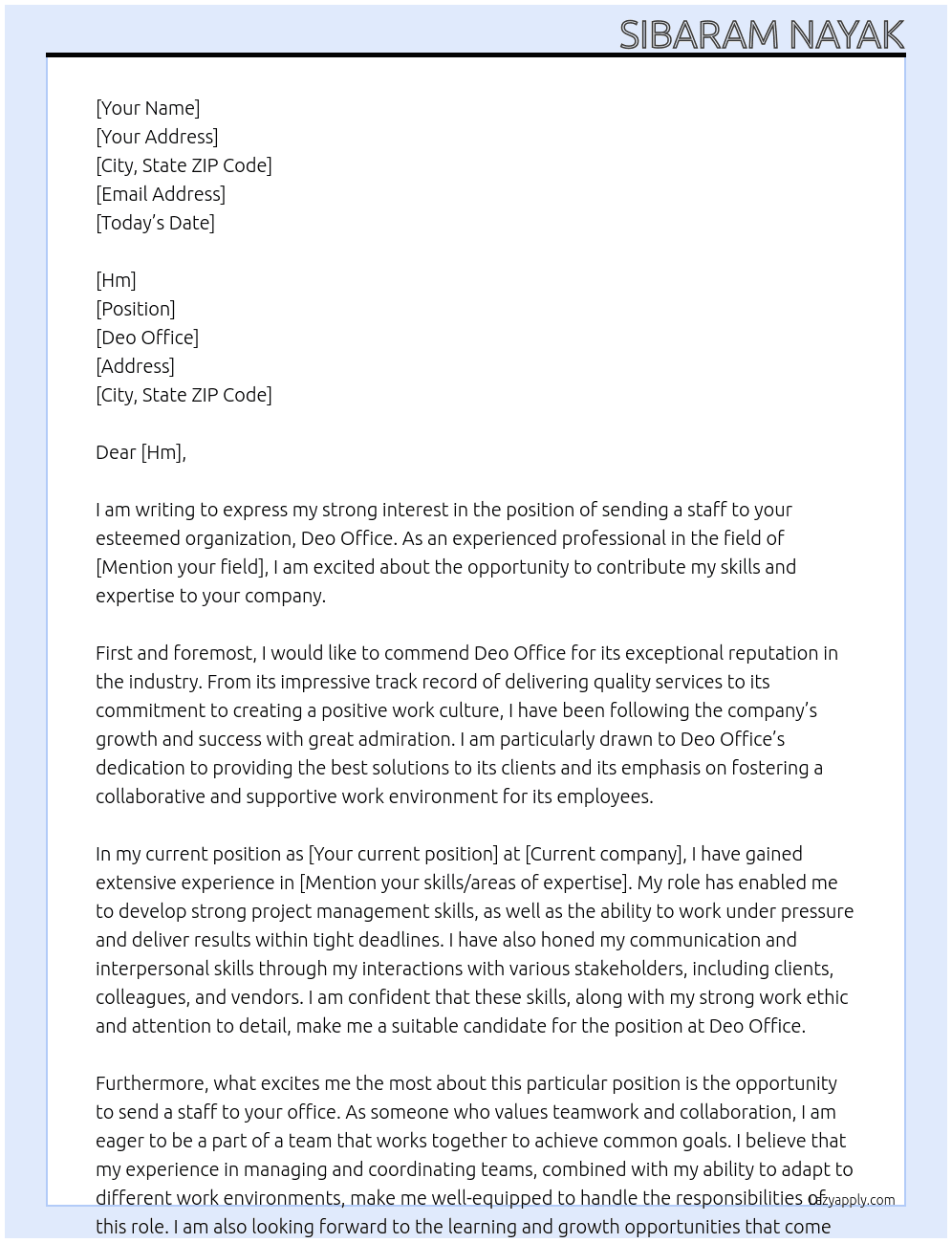 For sending a staff to a office  At Deo office  Cover Letter