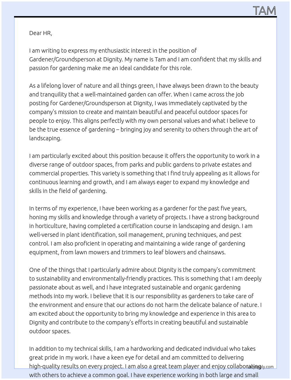 Gardener / Groundsperson At dignity Cover Letter