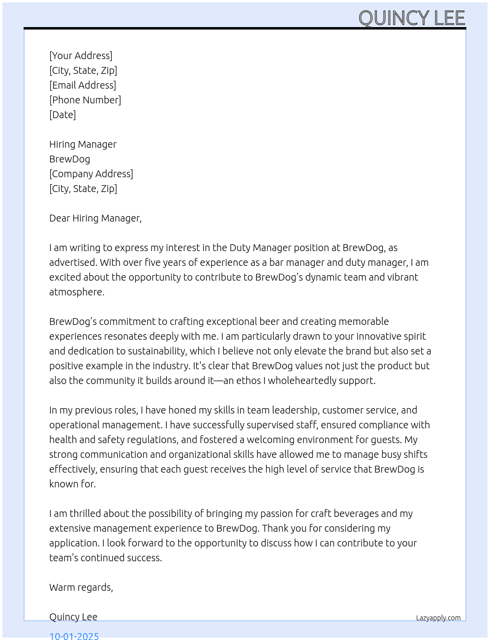 Duty Manager At BrewDog  Cover Letter