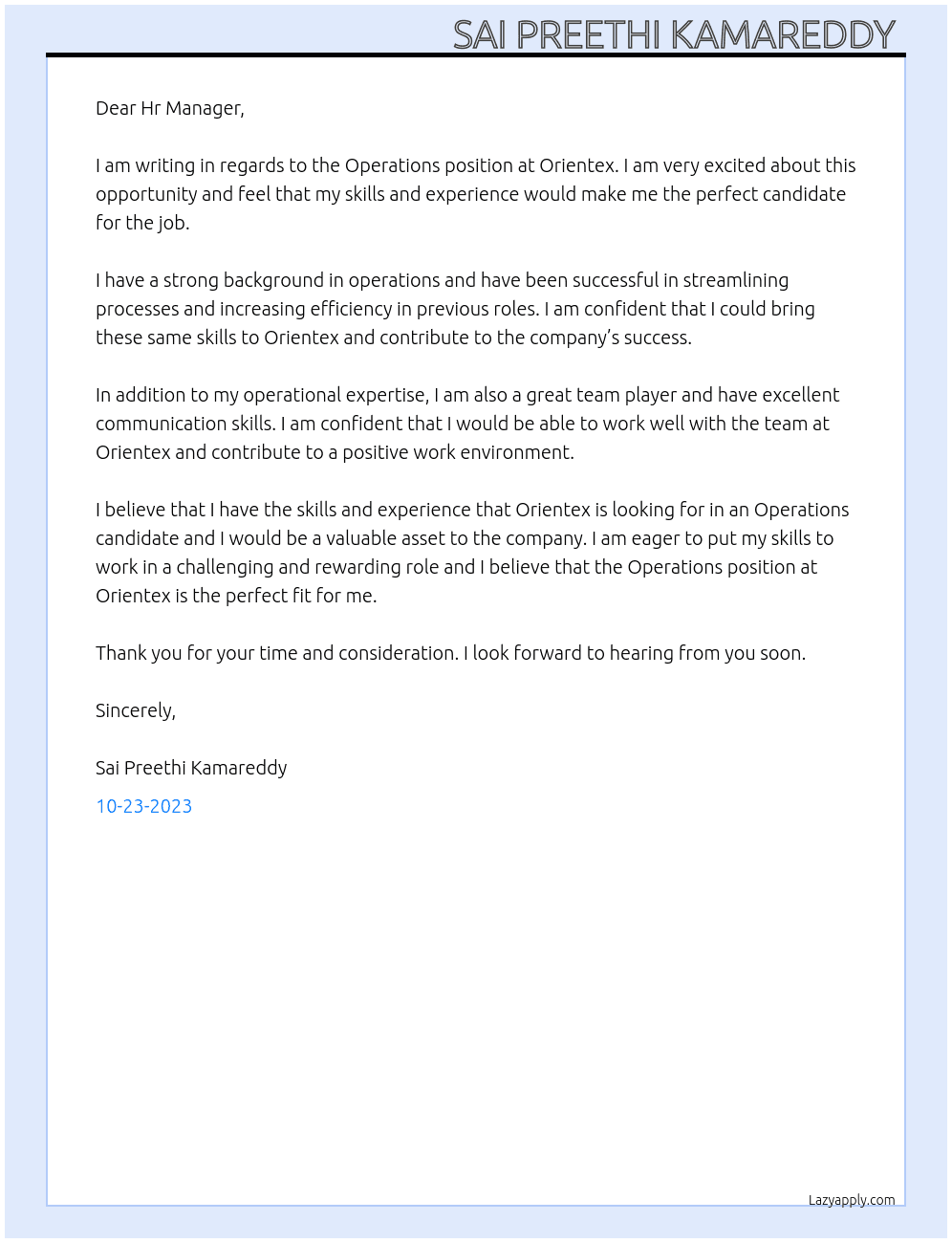 Operations  At Orientex Cover Letter