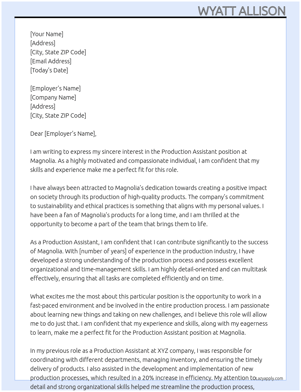 Production Assistant At Magnolia Cover Letter