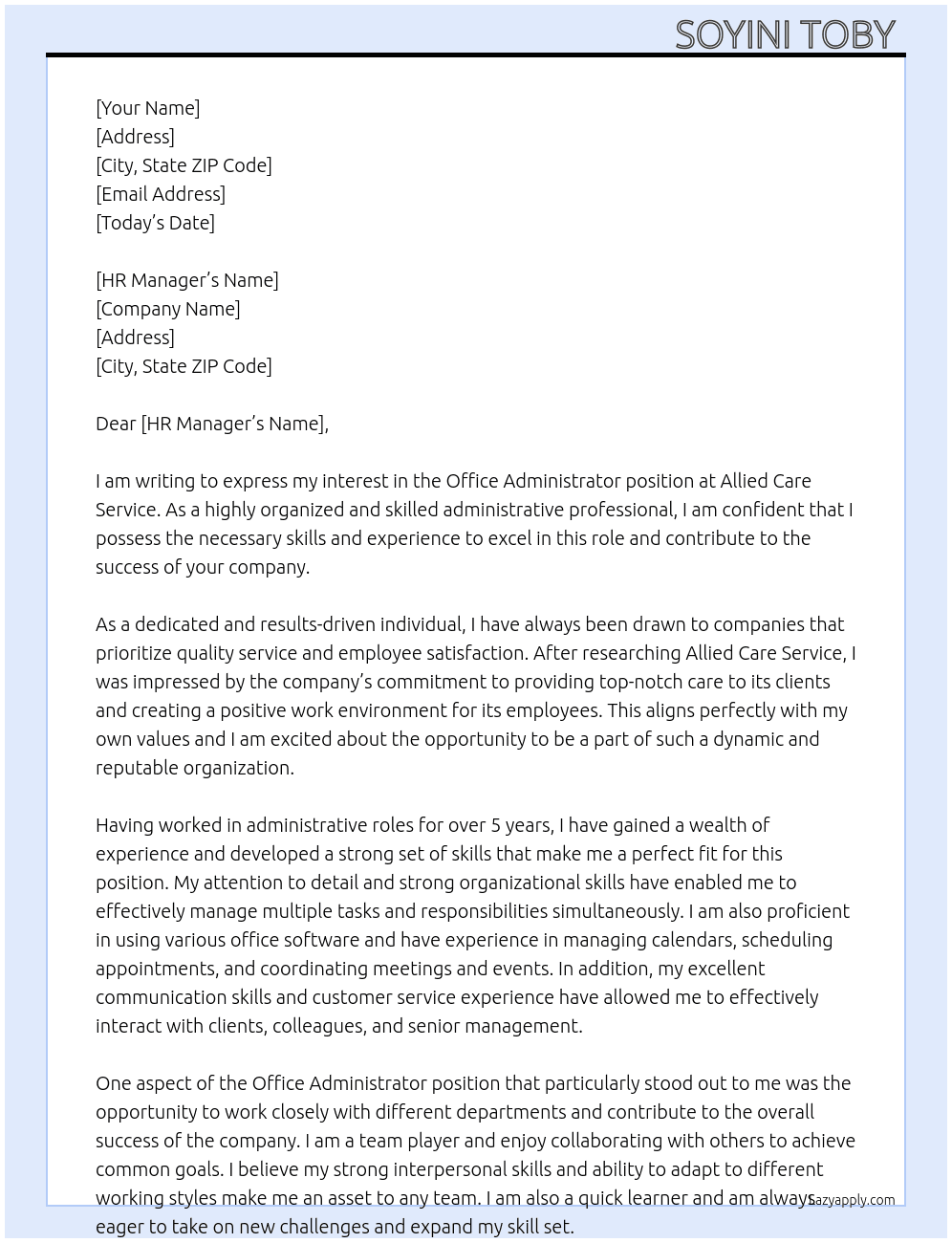 Office  administrator  At Allied care service  Cover Letter