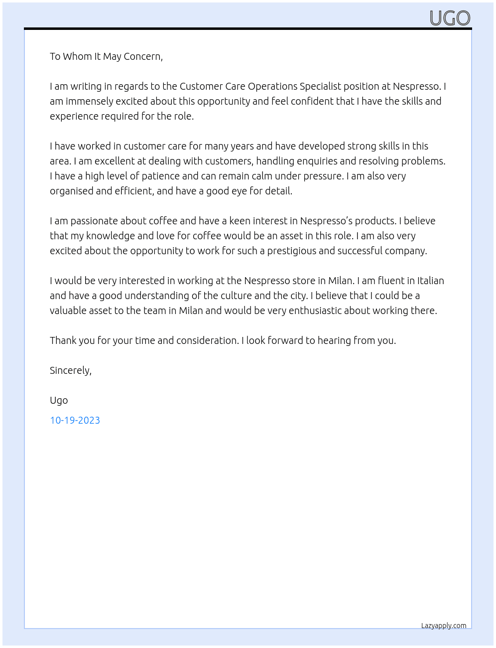 Customer Care Operations Specialist At Nespresso Cover Letter