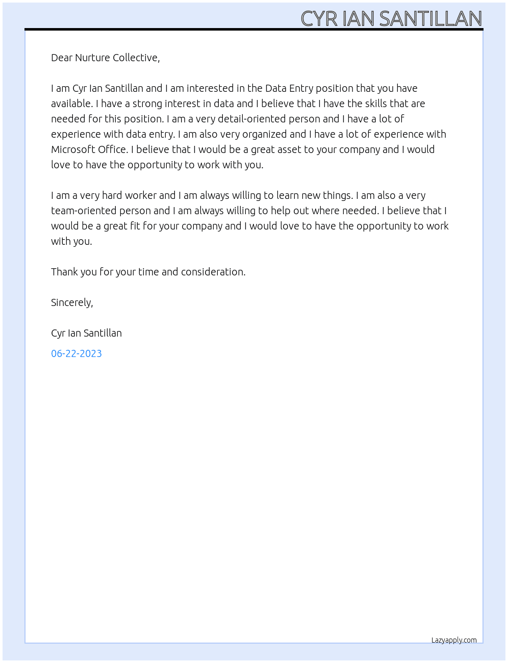 Data Entry At NURTURE COLLECTIVE Cover Letter