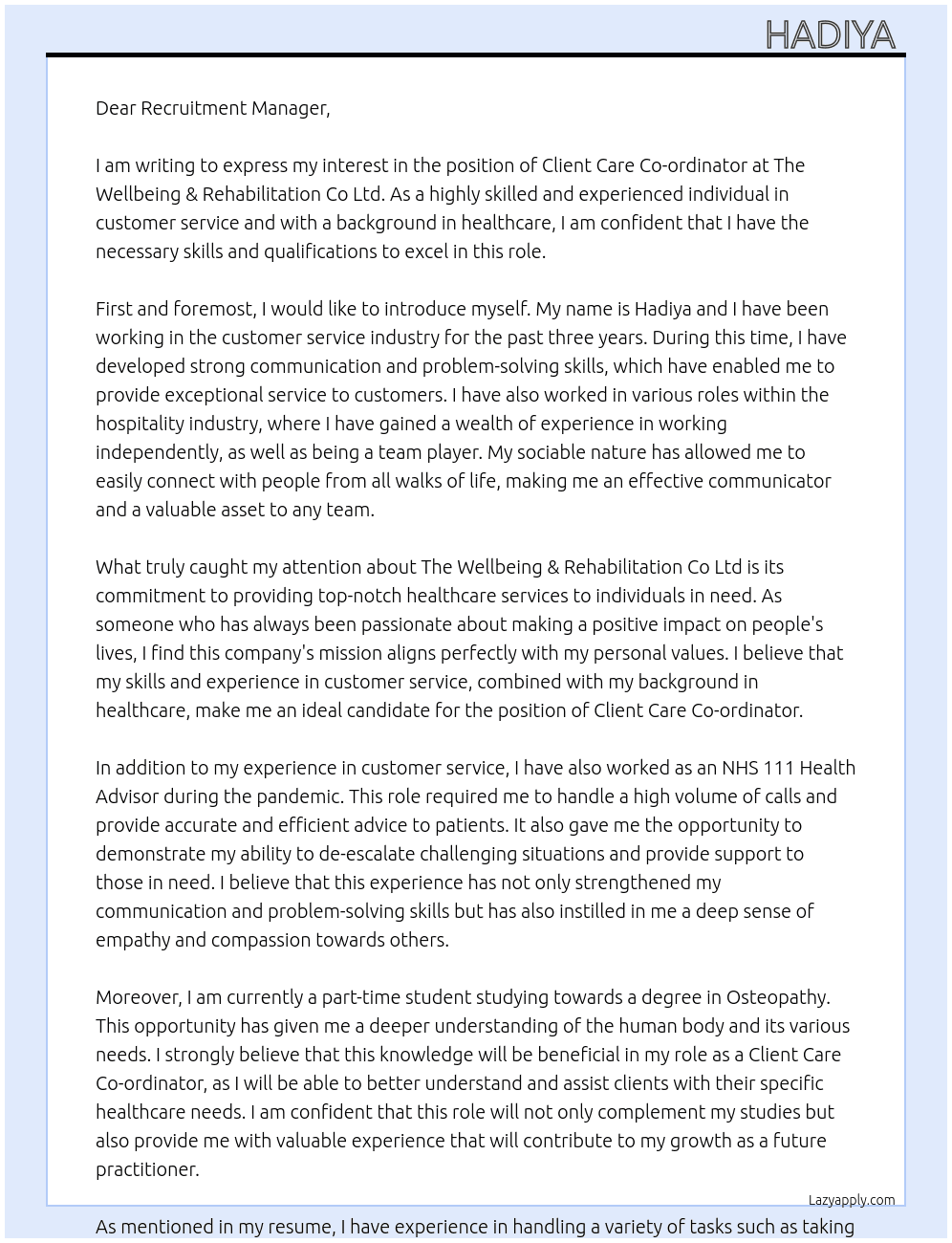 client care co-ordinator  At The Wellbeing & Rehabilitation Co Ltd Cover Letter