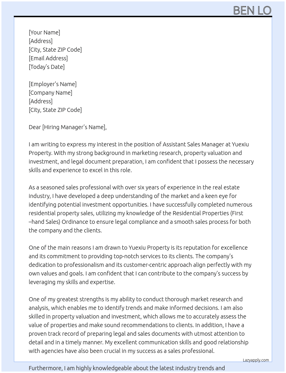 assisant sales manager At Yuexiu Property Cover Letter